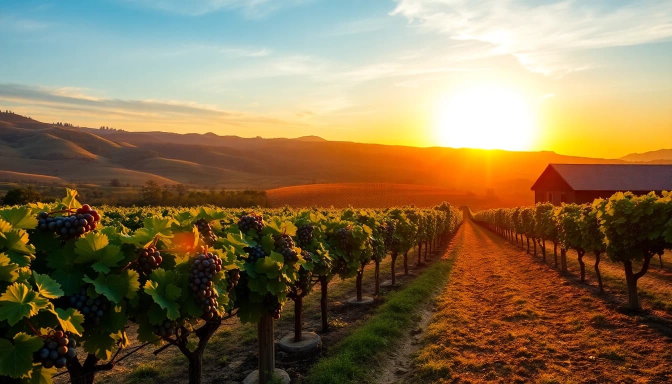 Visit the best wineries in California with a stunning vineyard at sunset.