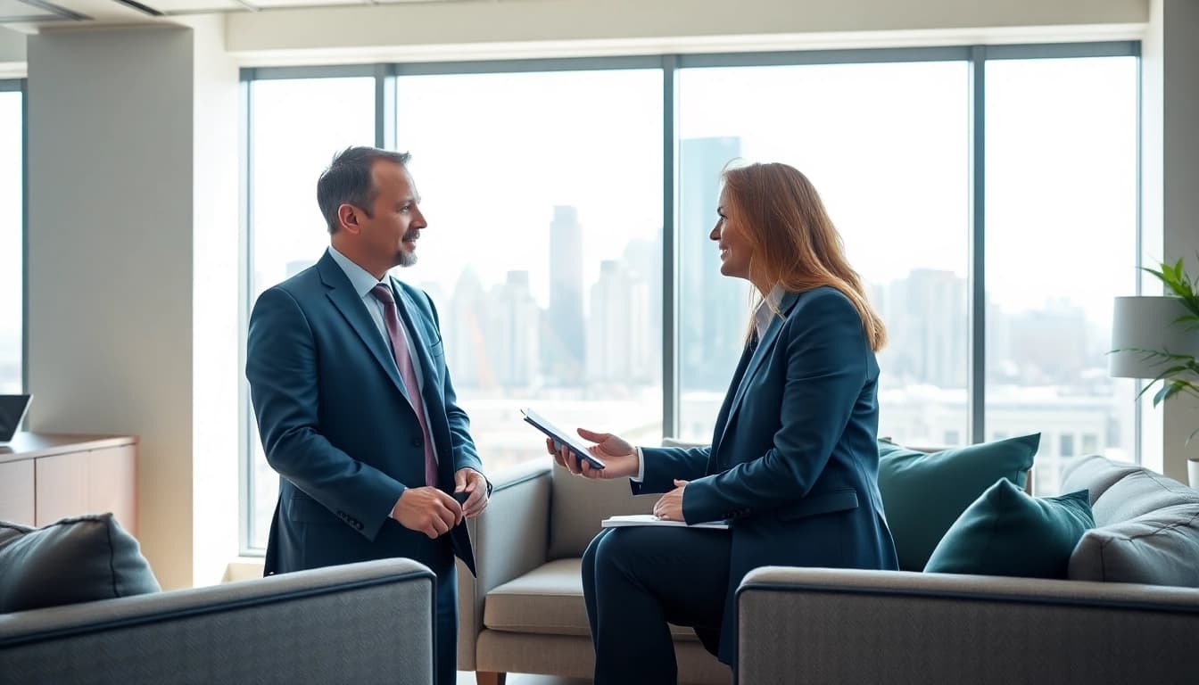 Engaging financial advisor providing investment advice in a professional office setting.