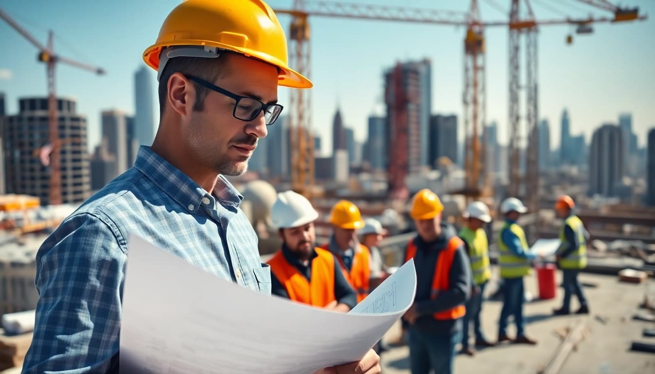 New York Construction Manager overseeing active site operations with workers and cranes.