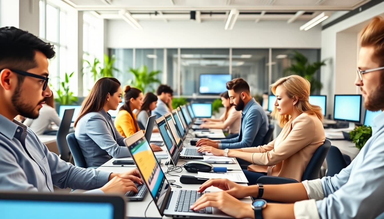 Engaged professionals in a typing center, showcasing advanced technology and collaborative workspaces.
