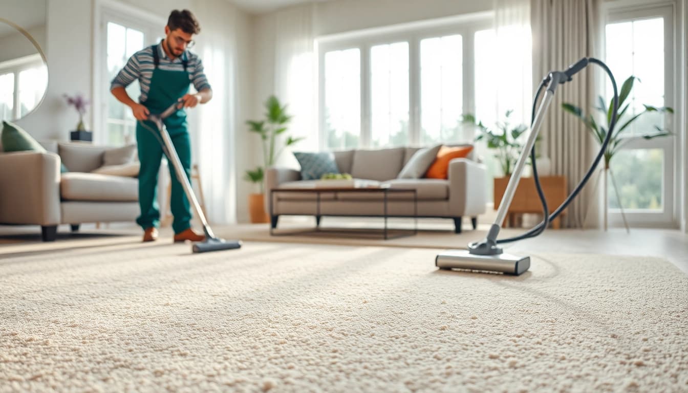 Skilled local carpet cleaners revitalizing a living room carpet with care and precision.