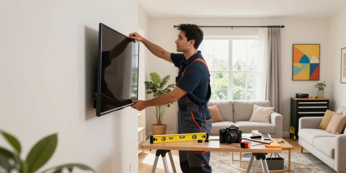 HubPro home services expert installing a TV in a stylish living room, showcasing quality craftsmanship.