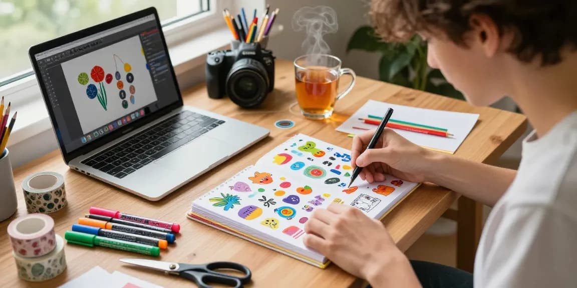 Creating a vibrant reusable sticker book with art supplies and design tools in a cozy workspace.