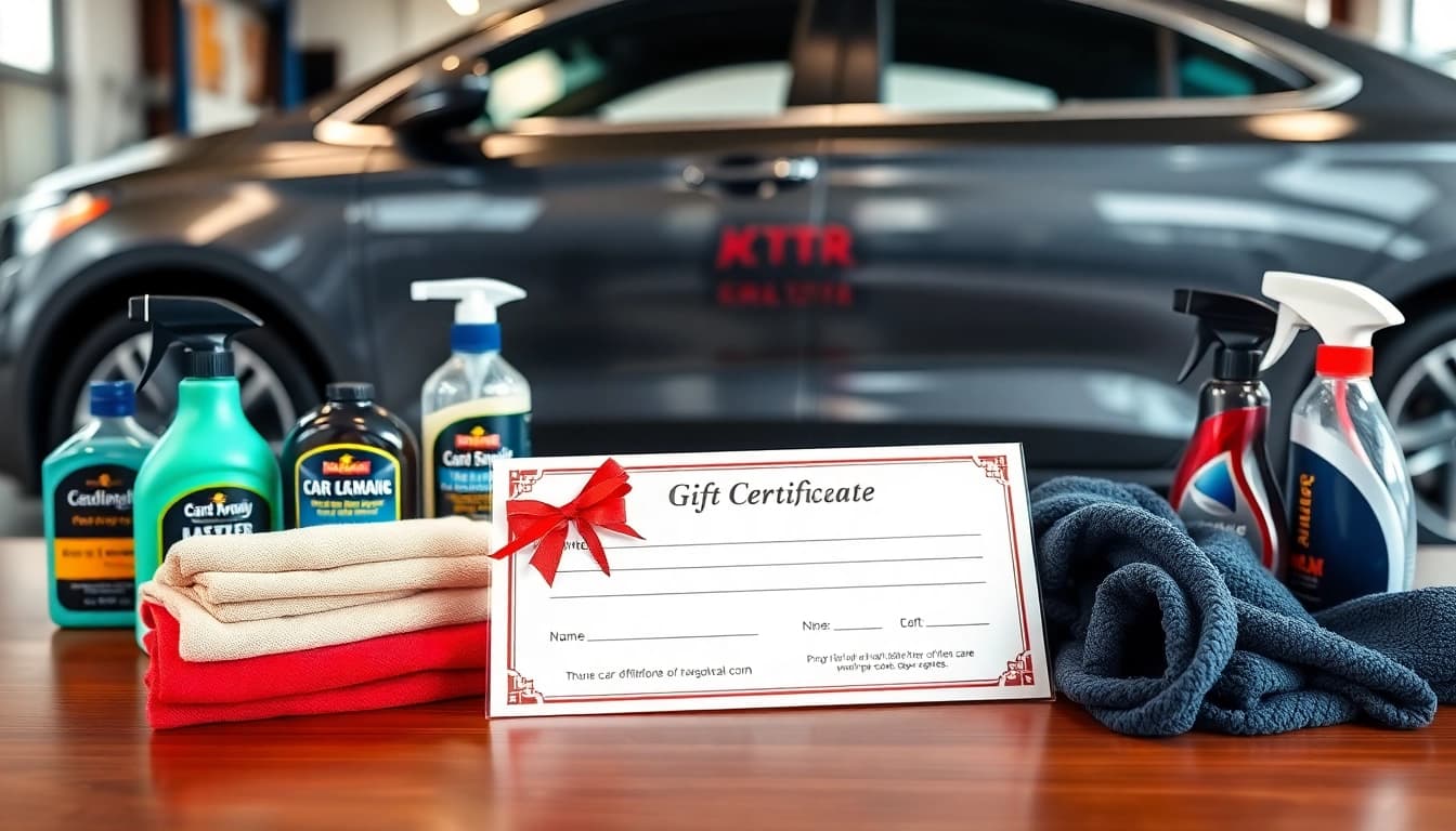 Car detailing gift certificate presented with high-quality car care products to enhance customer engagement.