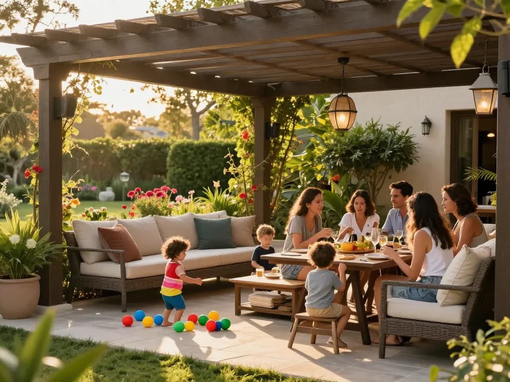 Engaging family moment under an online pergola configurator-designed structure, showcasing an inviting outdoor space.