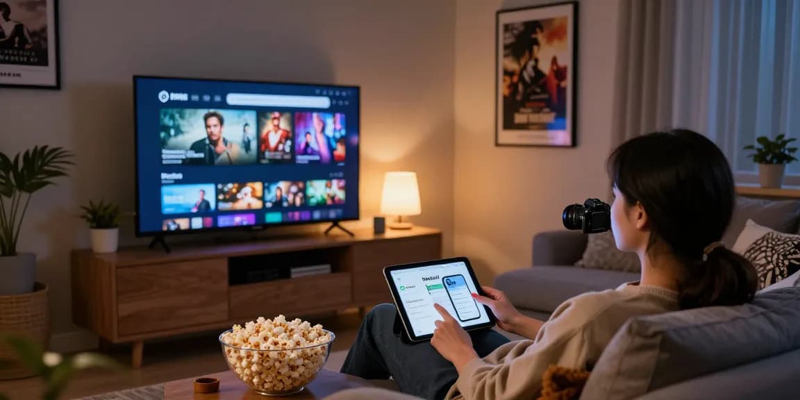 Pikashow app streaming movies in cozy home entertainment setup with popcorn and smart TV