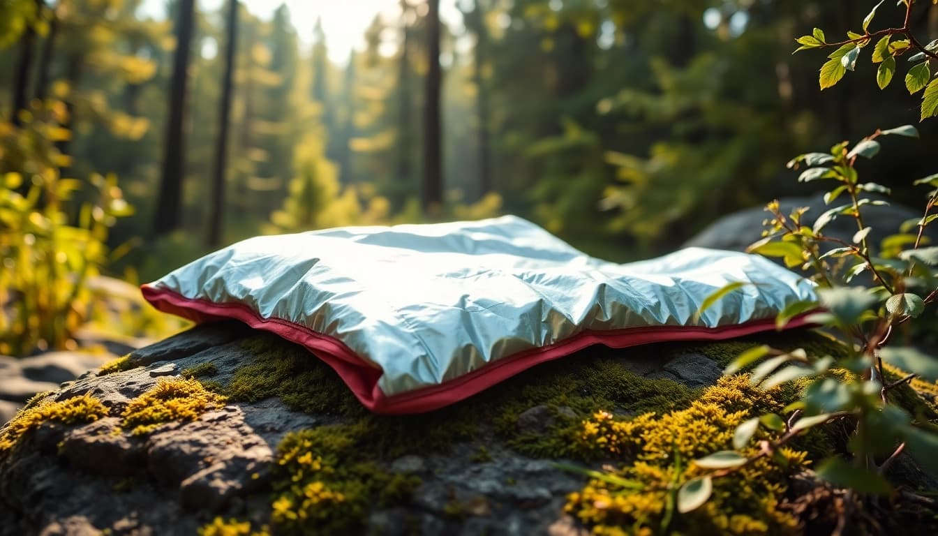 A reflective emergency blanket laid out in a serene outdoor setting to demonstrate its utility.