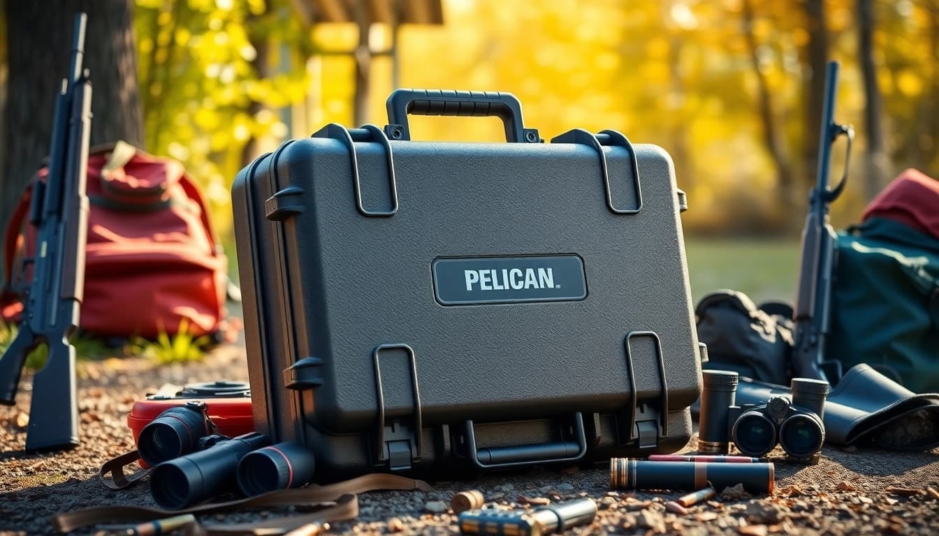 Showcase of Pelican gun case for sale with rifles, emphasizing durability and outdoor readiness.