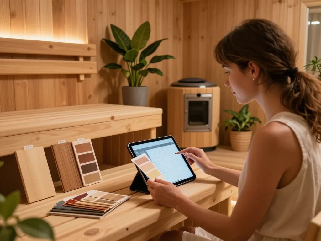 Customize your sauna with vibrant panels and serene design elements in a warm home setting.