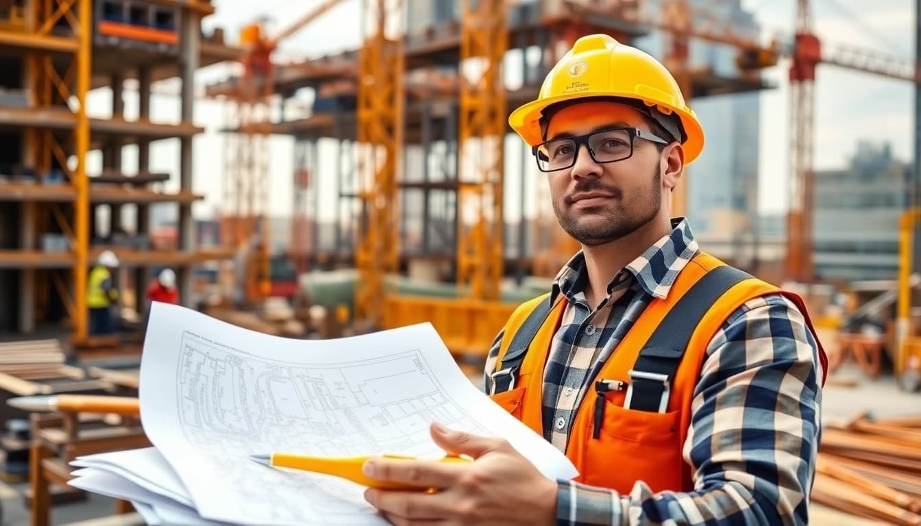 Austin general contractor managing construction with tools and plans at an active job site.