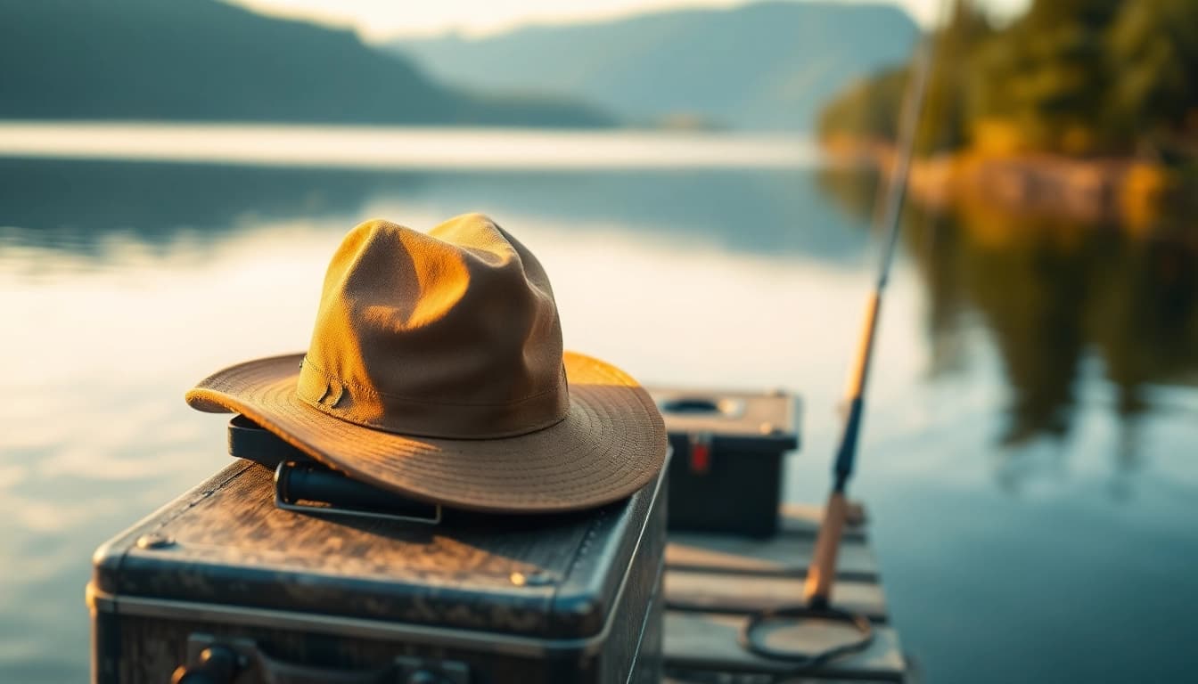 Fly fishing hat on a tackle box by a tranquil lake scene, perfect for fishing adventures.