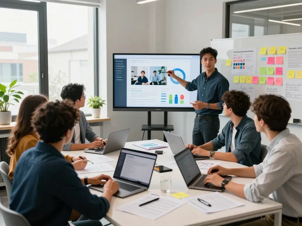Web Design Agency team collaborating on innovative website design concepts in a professional office