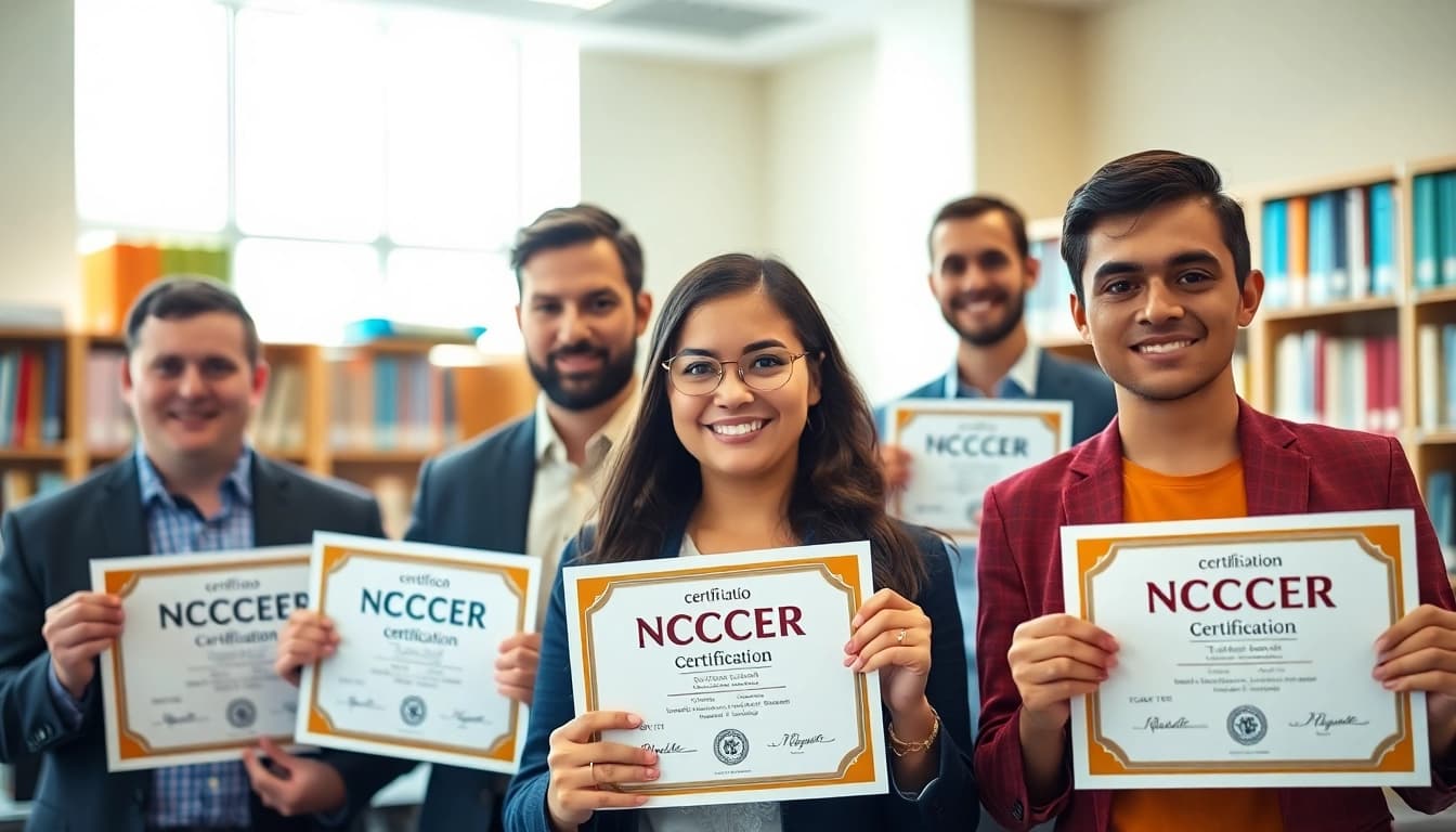 NCCER certification holders celebrating their achievements in a bright educational environment.