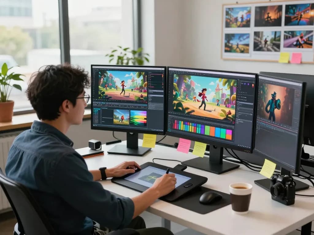 Innovative workspace showcasing mind control technology in animation with advanced software.