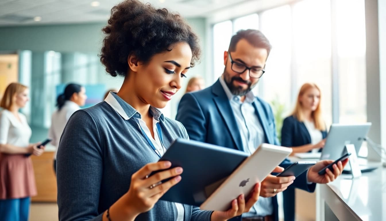 Individuals engaging in a uk eta online application process, highlighting technology and diversity.