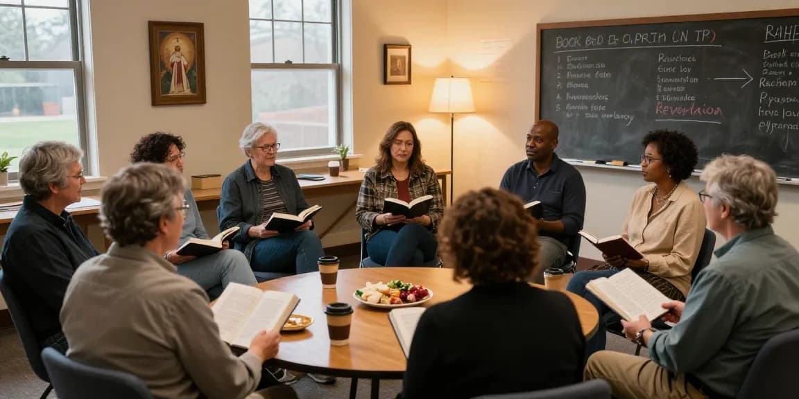 Community study group discussing the Book of Revelation in a warm, inviting atmosphere.