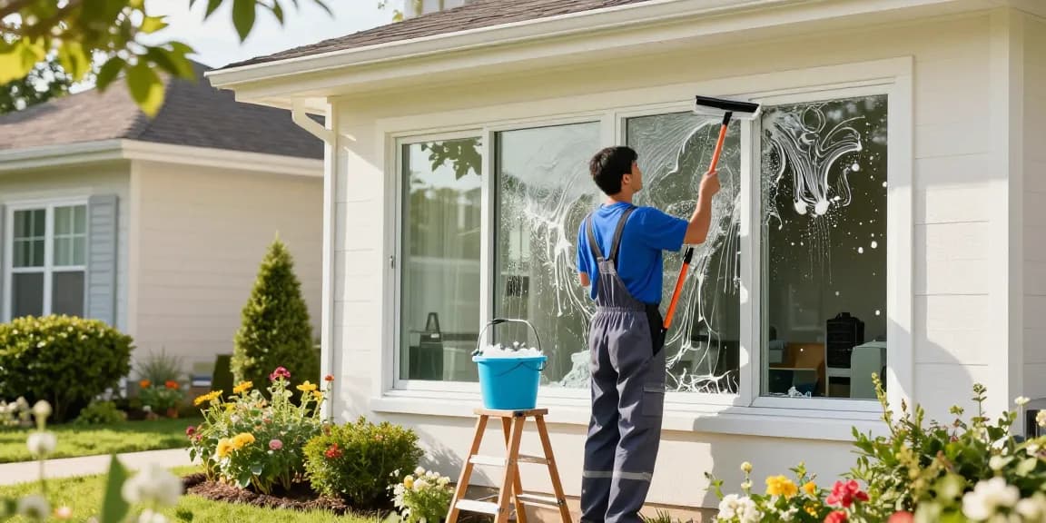 Professional cleaner performing glasreinigung preis at a suburban home, emphasizing cleanliness and care for residential spaces