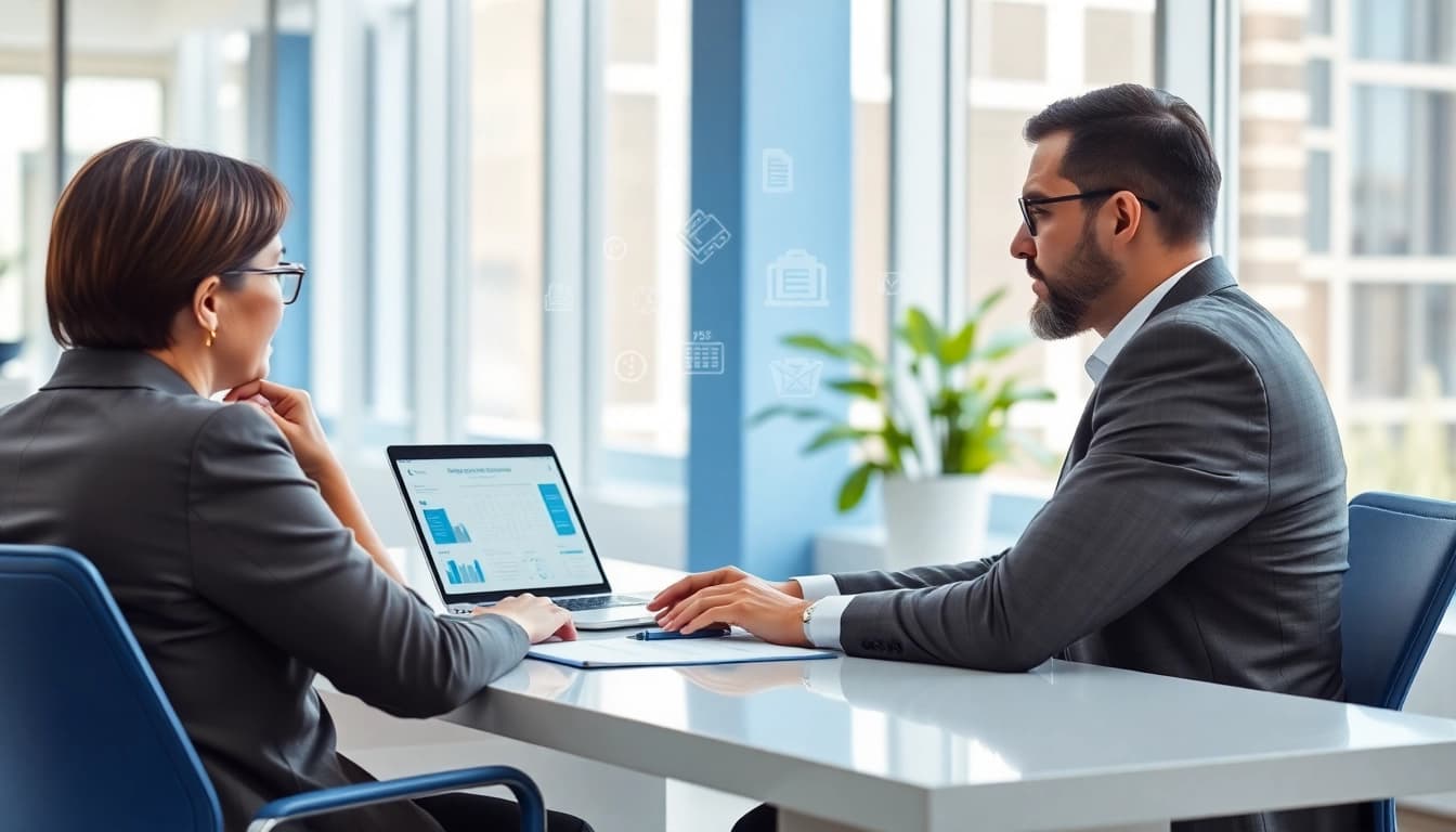 Tax preparer consulting with a client in a professional office setting, showcasing trust and expertise in finance.