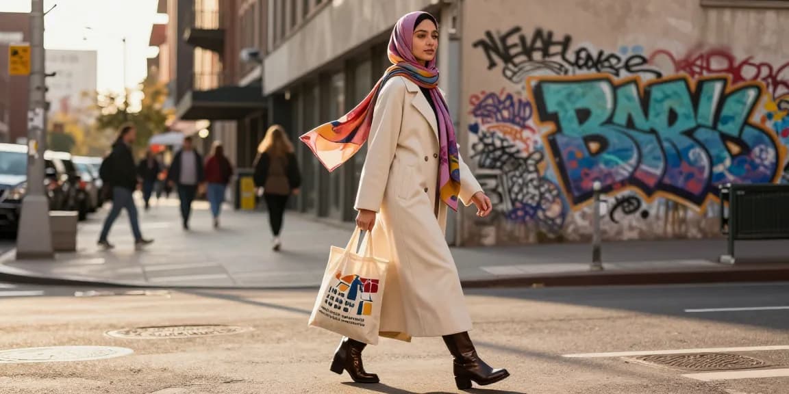 Elegant woman in modest clothing showcasing fashion statement in urban setting, promoting modest clothing.