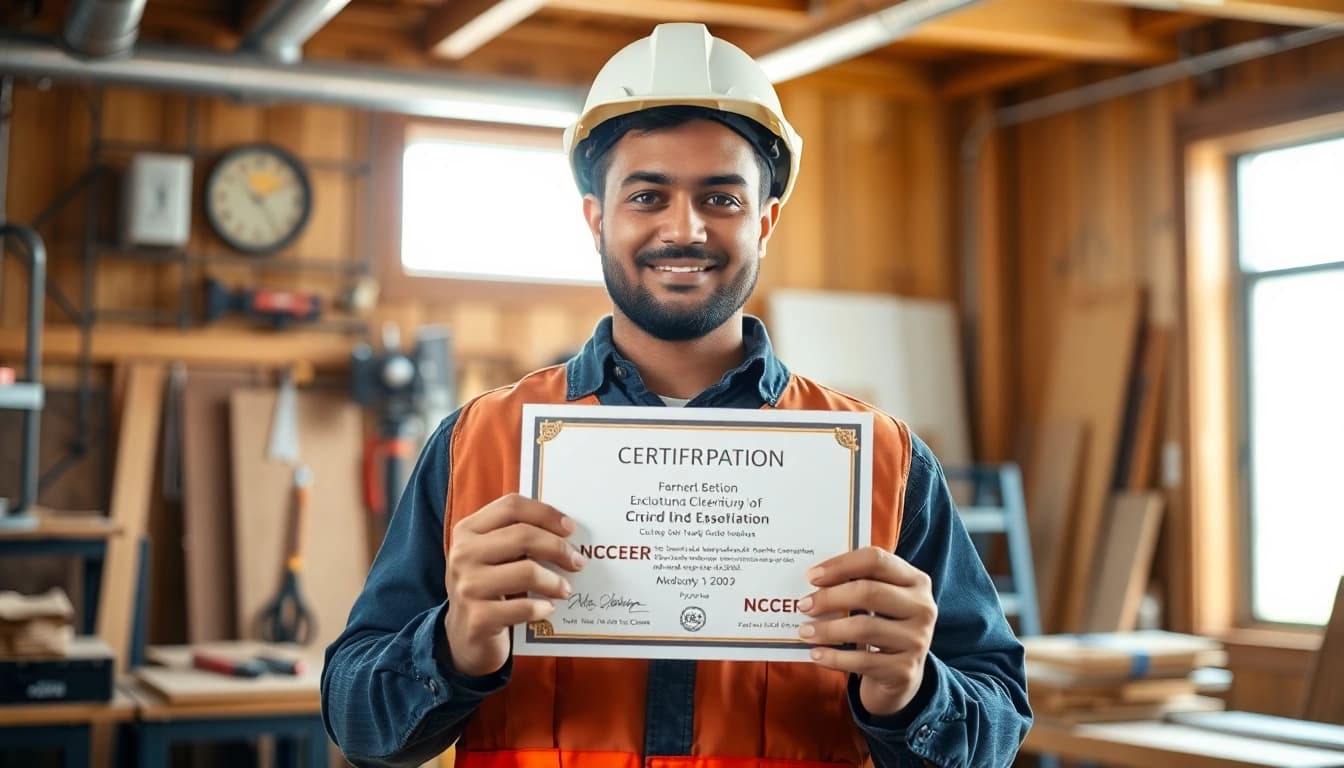 Celebrating NCCER certification achievement in a professional construction workshop.