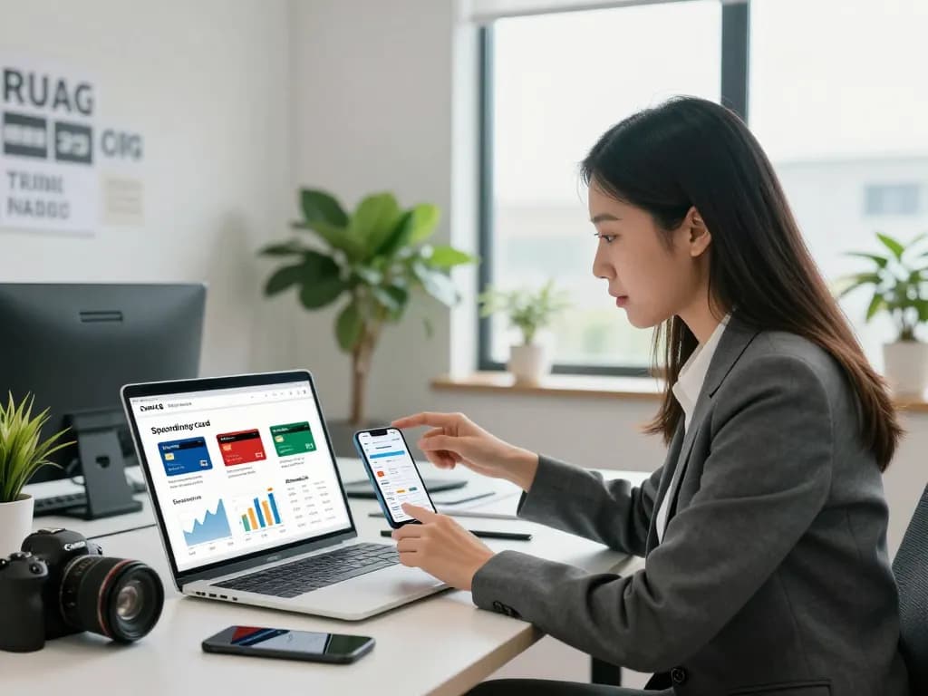 Businesswoman reviewing Spending Card options in a modern financial office setting
