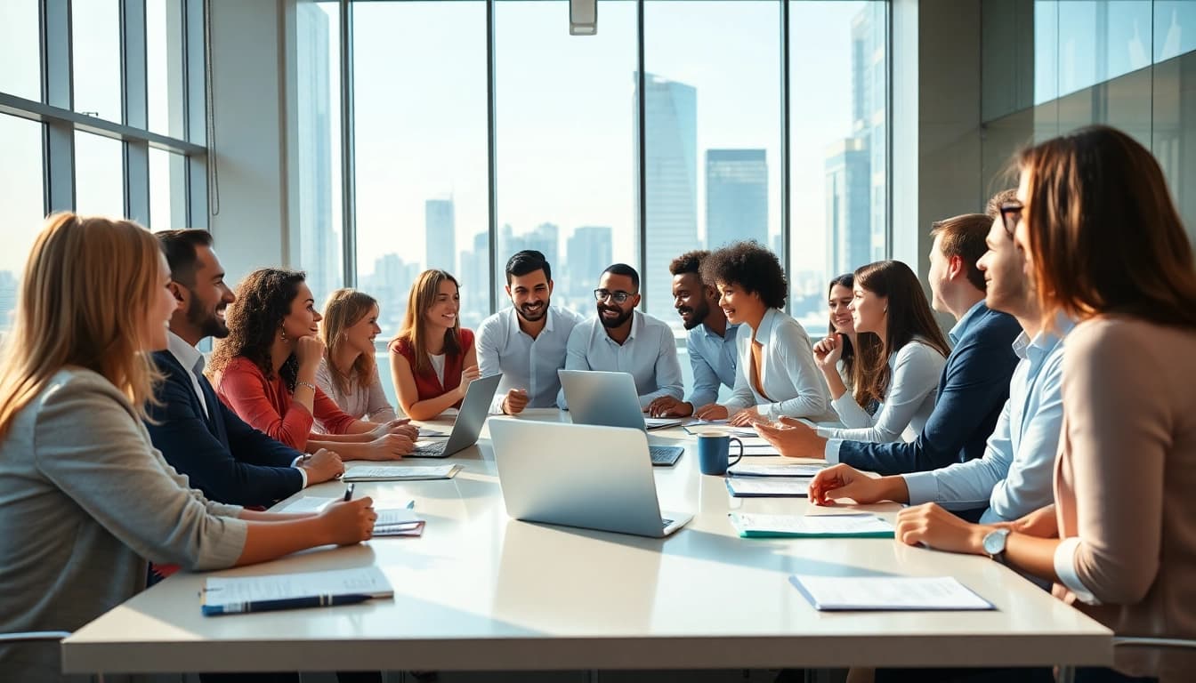 Individuals discussing their ideal career paths in a modern, collaborative workspace.