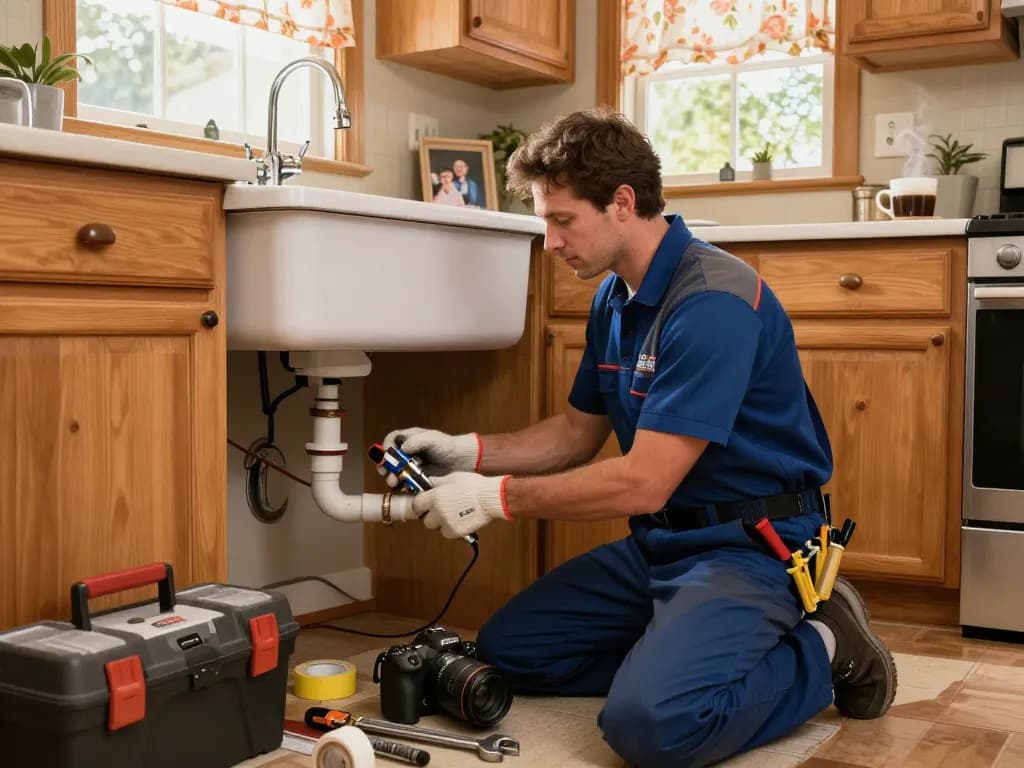 Emergency plumber Rapid City repairing a kitchen sink leak with tools scattered around, conveying expert service.