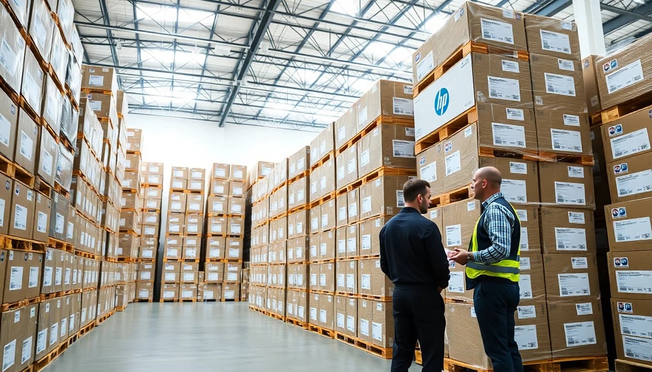 Buy HP Laptop Pallets Wholesale Liquidation & Resale Lots (USA) in a vibrant warehouse setting.