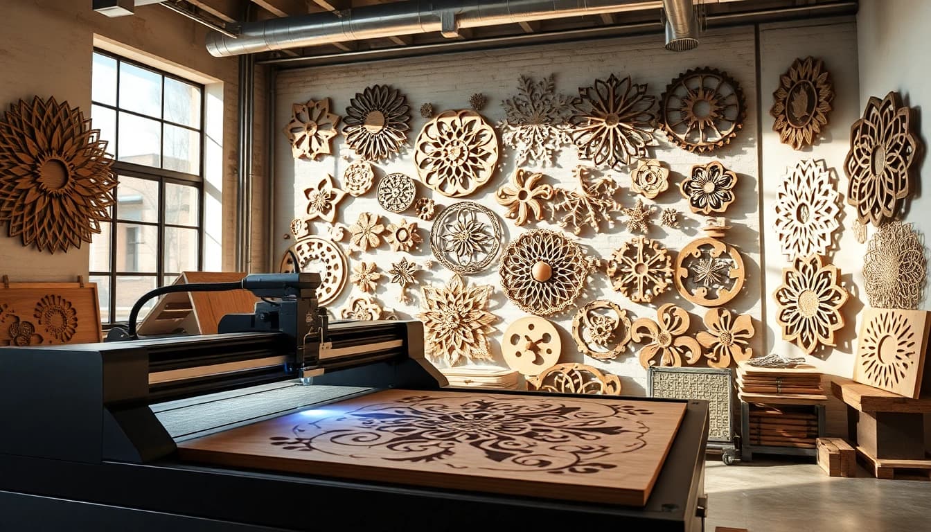 Custom laser design showcased through intricate artwork and a laser cutting machine.