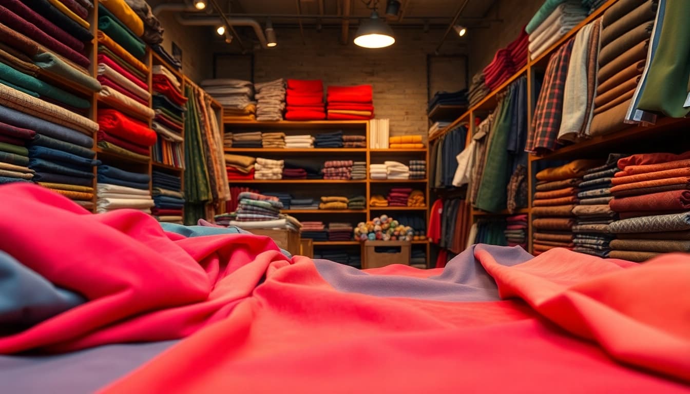 Stoffen winkel online met een kleurrijk assortiment aan stoffen in een gezellige setting.