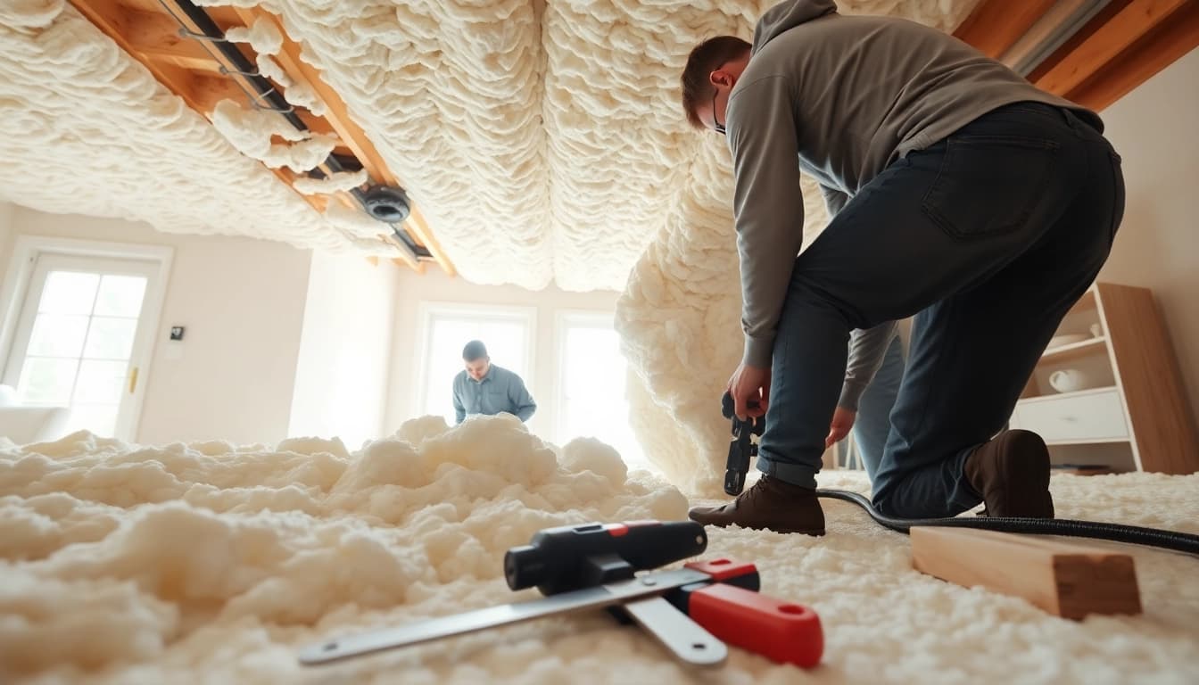 Efficient spray foam loft removal by skilled technicians in a bright, organized setting.
