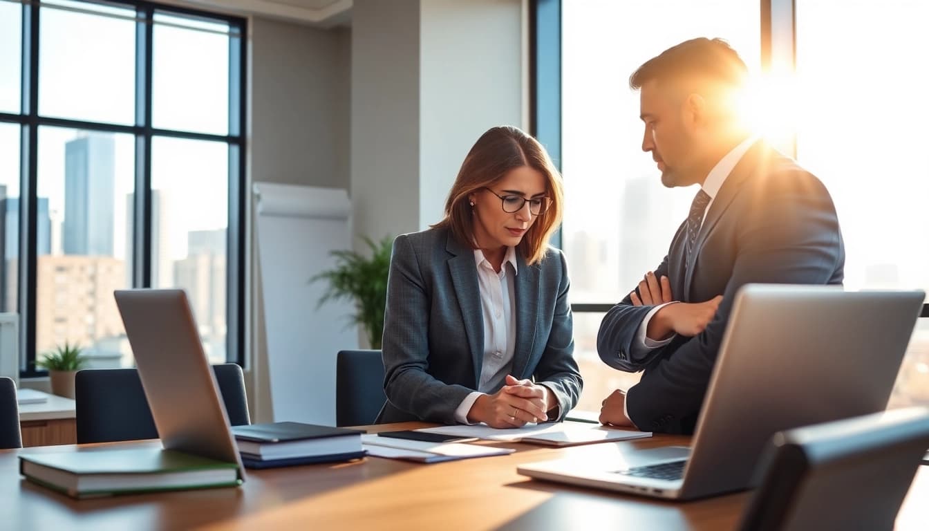 Clearwater truck accident lawyer offering support to a distressed client in a professional office.