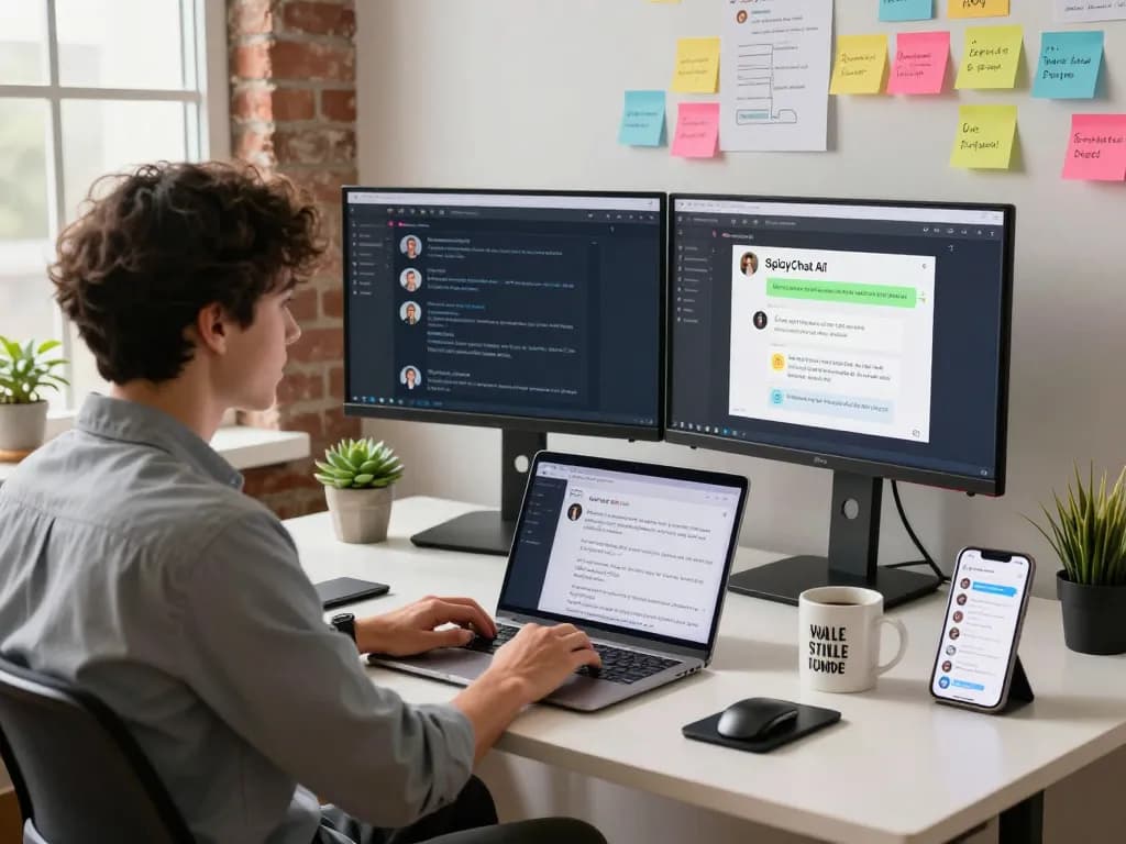Engaging with SpicyChat AI in a vibrant tech workspace promoting digital conversations and innovation.
