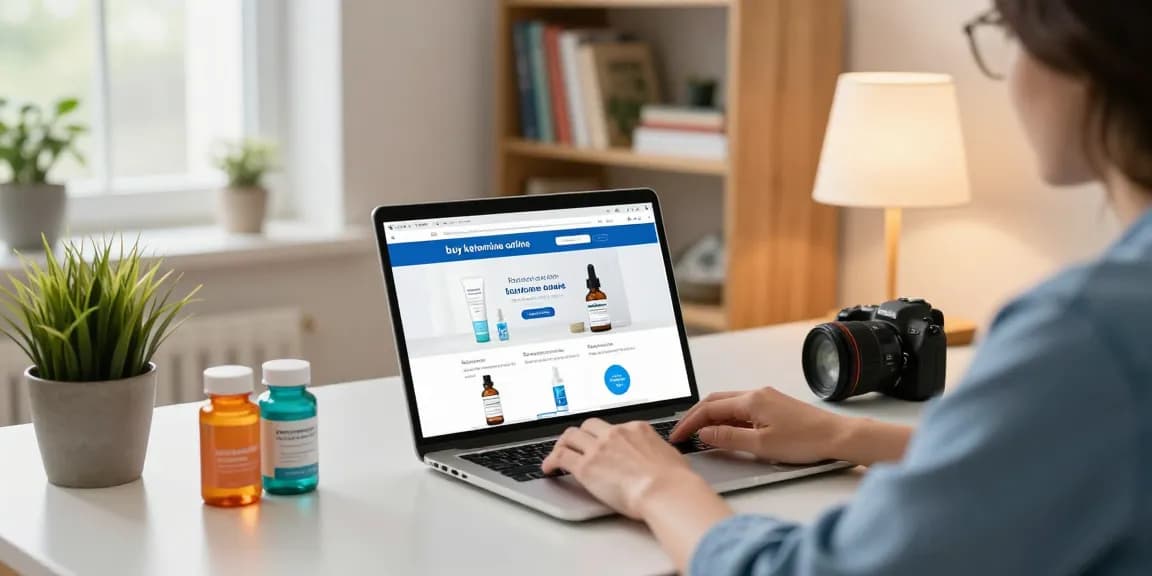 Browse a variety of products to buy ketamine online in a stylish home office setup.