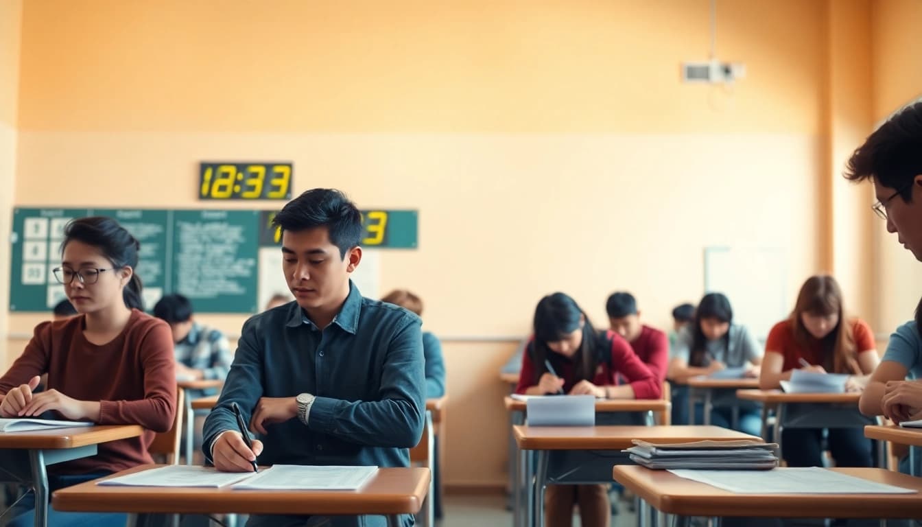 Pay someone to take TOEFL with students concentrating in a well-lit examination room.