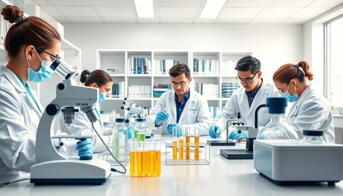 Hydro Research scientists working in a professional lab analyzing peptides.
