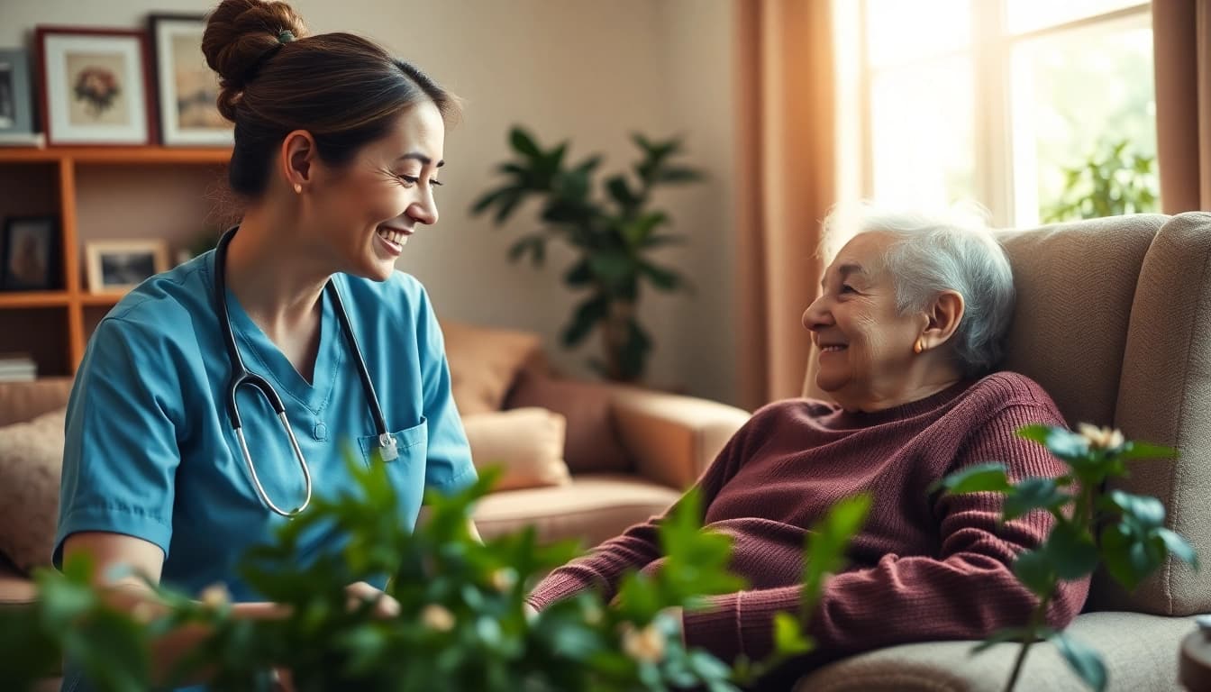 Engaging at home senior care scene with caregiver assisting elderly person in a cozy setting.