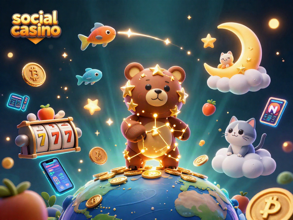 Engage in social casino fun with constellations and vibrant gaming elements in a magical scene.