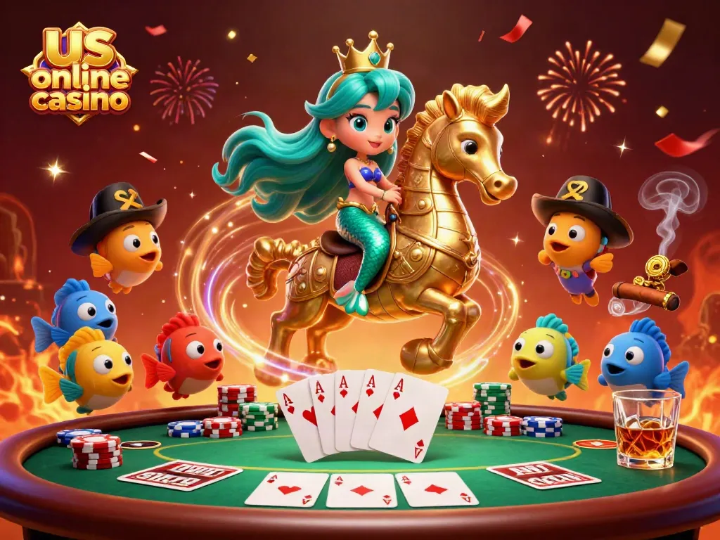 Experience the excitement of us online casino with a vibrant 3D mermaid princess at the poker table.