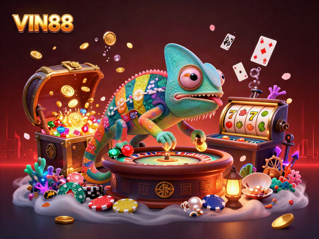 Engage with the captivating VIN88 chameleon casino owner amidst vibrant slot action and treasure-filled atmosphere.