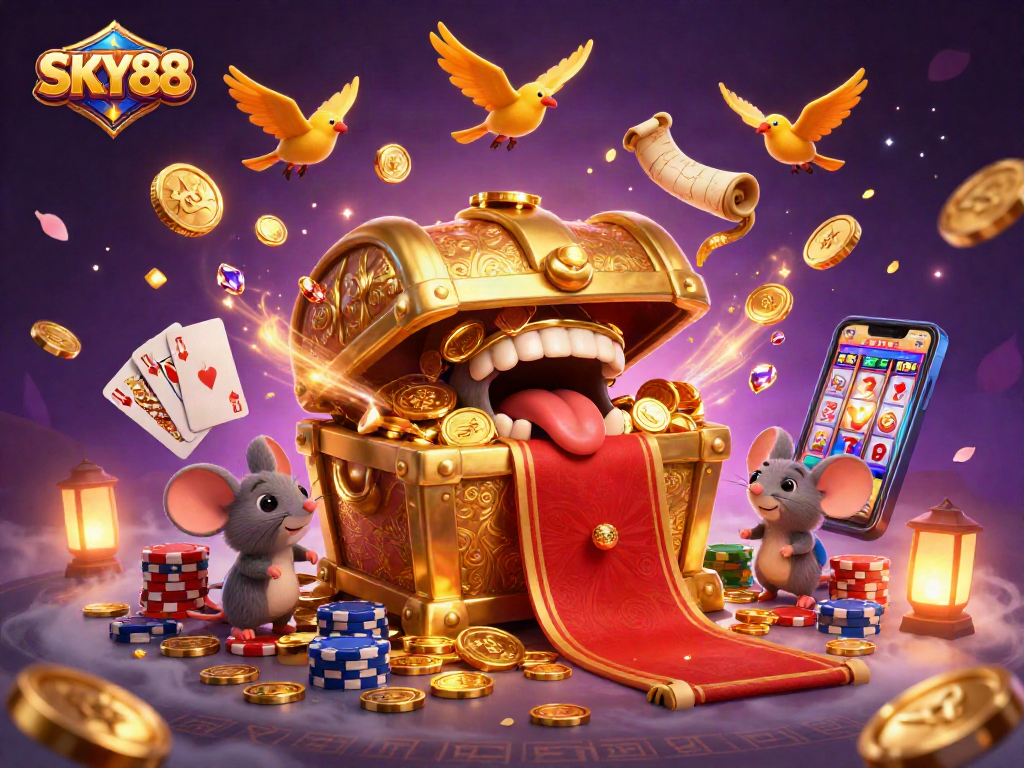 Experience the thrill of SKY88 with treasures and gaming elements in a spectacular casino illustration.