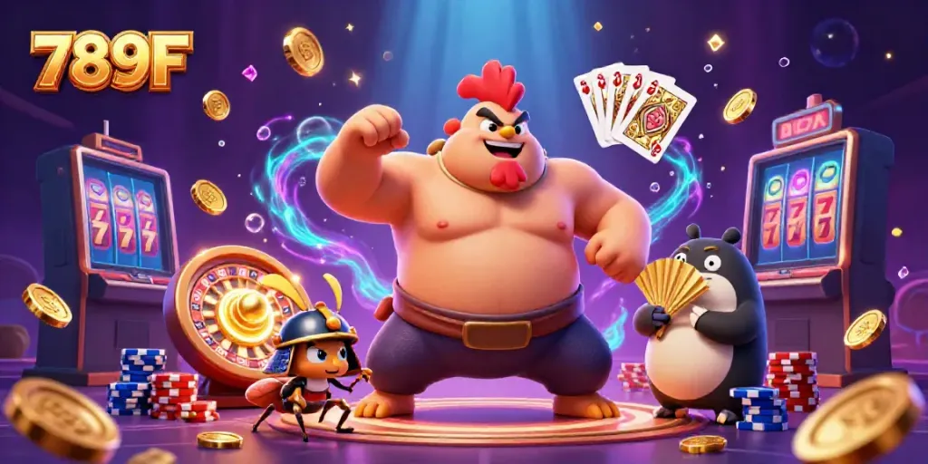 Immerse in the thrilling world of 789F with dynamic 3D characters and vibrant casino elements.