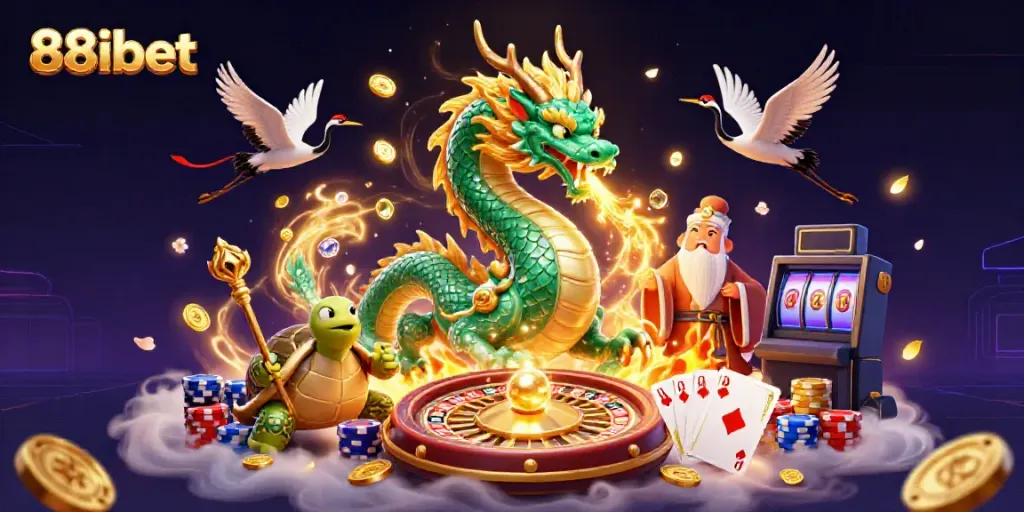 Experience thrilling fun at 88ibet with colorful casino elements and mythical characters.