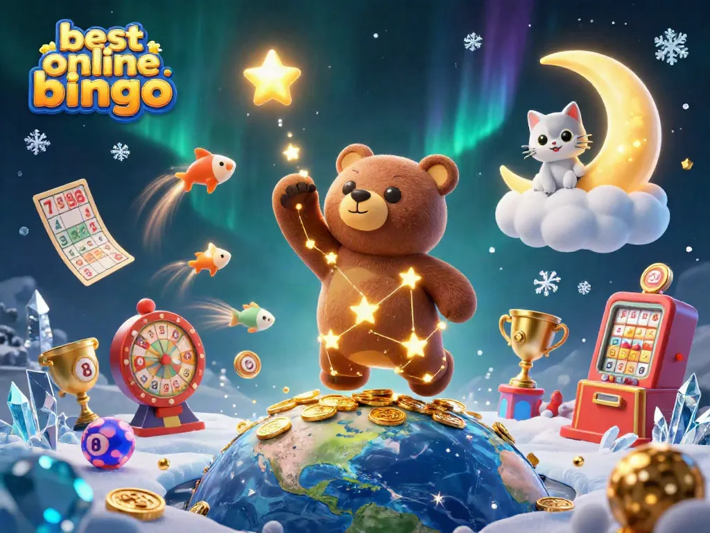 Experience the best online bingo with vibrant bingo cards and a dazzling cosmic scene.