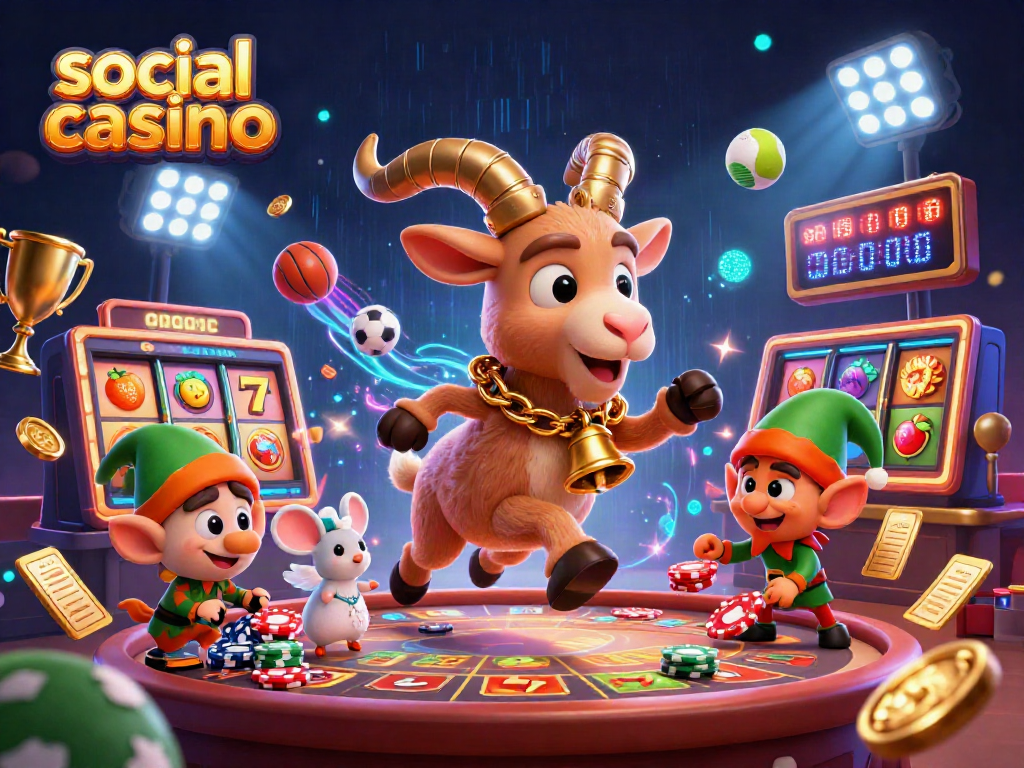 Engaging social casino illustration featuring Krampus managing a casino, angel mouse, and mischievous elves.