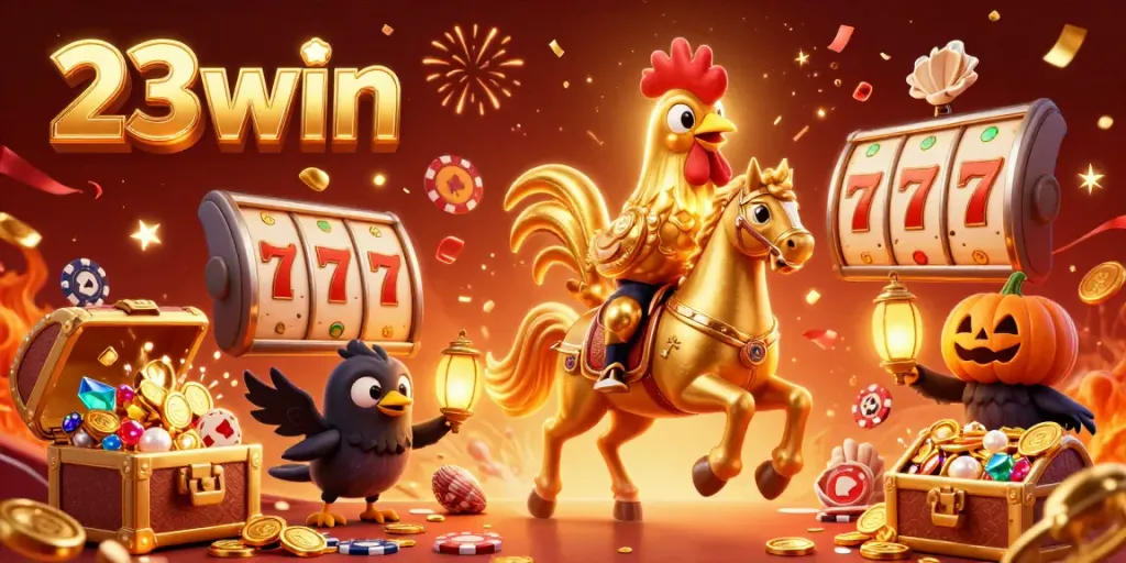 Experience the thrilling world of 23win with a golden rooster character in a vibrant casino scene, celebrating wins.