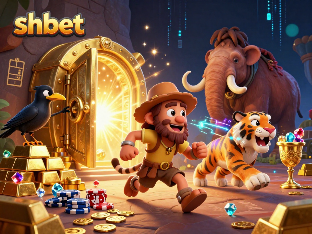 Experience thrilling gameplay with shbet in this vibrant, 3D illustrated prehistoric casino scene.