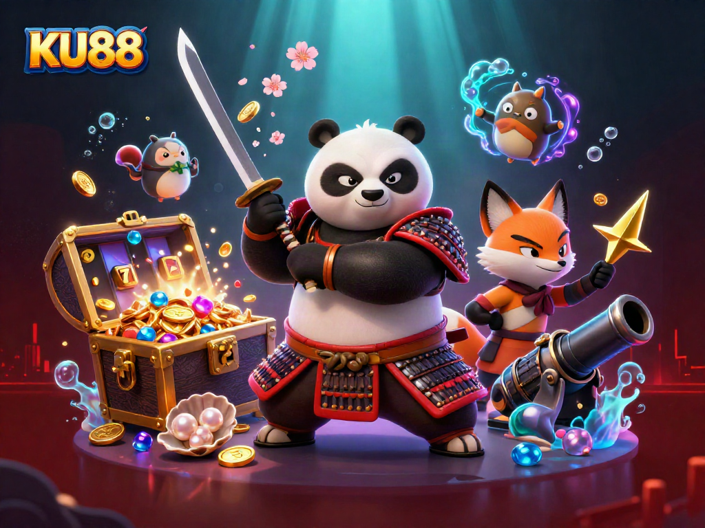 Spin the reels of luck with KU88’s vibrant samurai panda and ninja fox in a rich casino adventure.