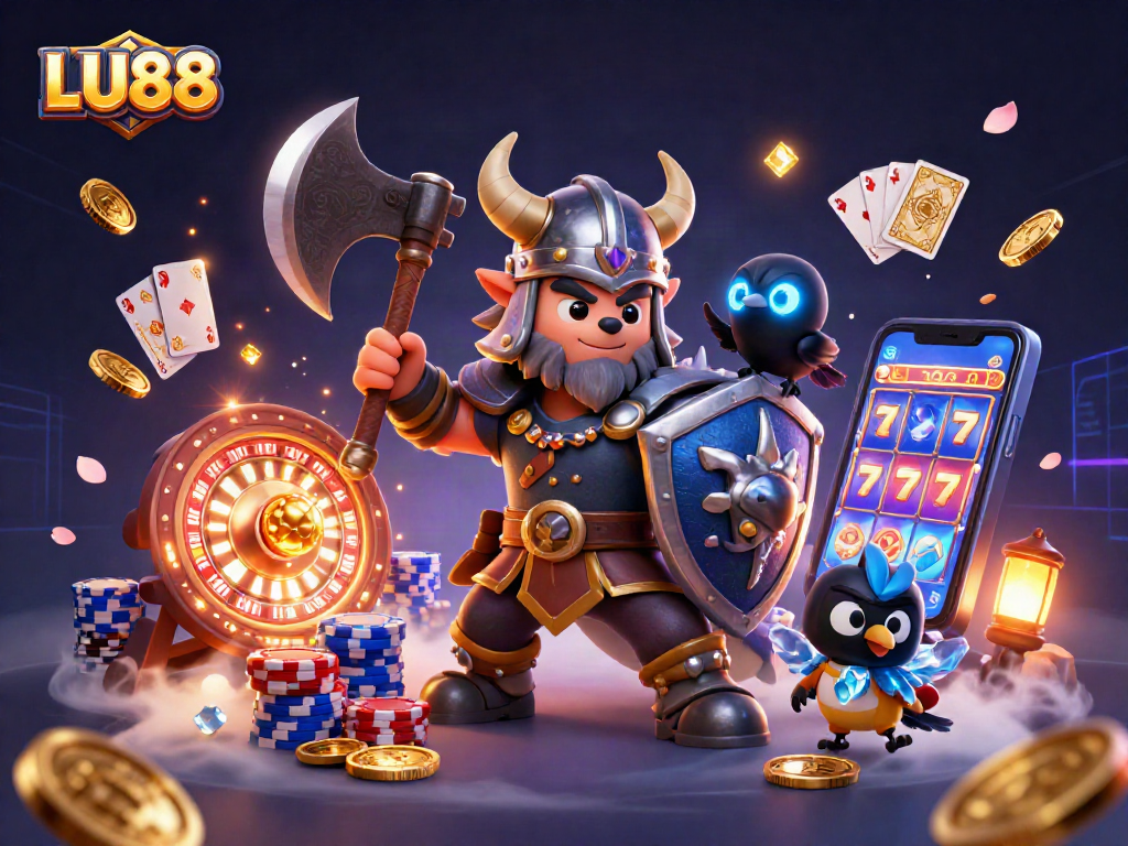 Engage with LU88 through a vibrant casino scene featuring a Viking warrior, dragon, and cartoon elements.