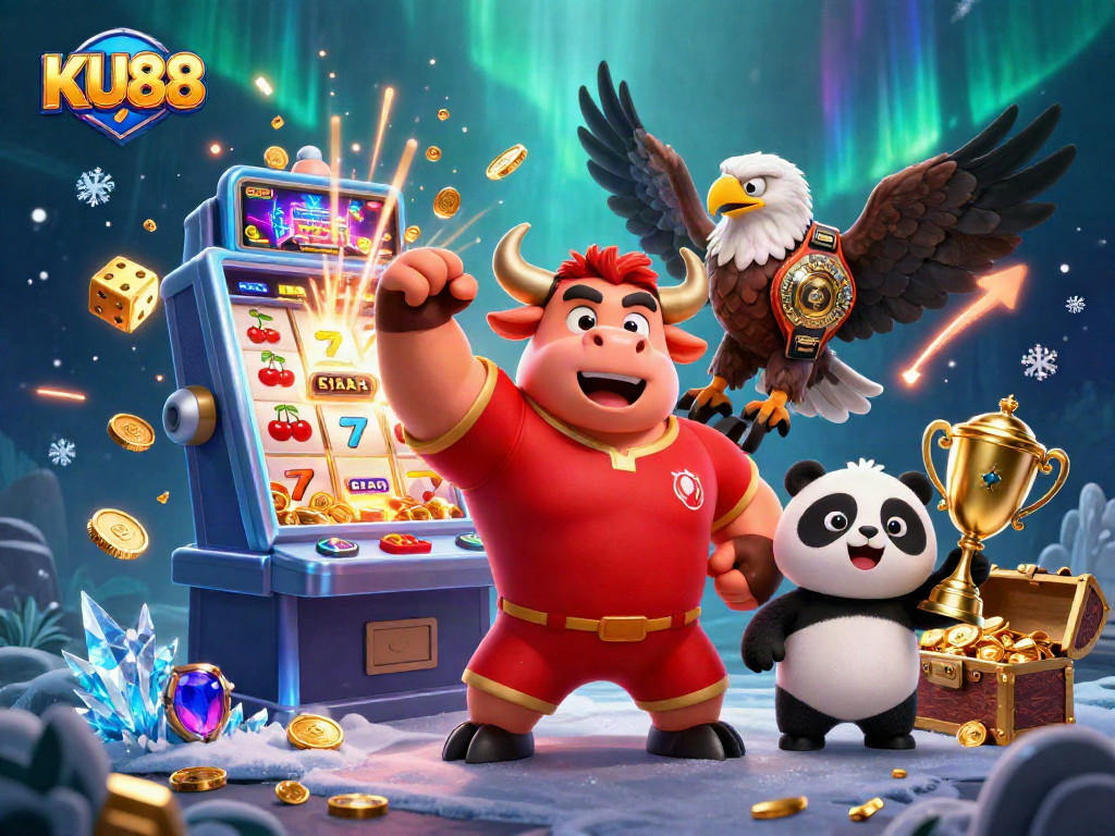 Celebrate KU88 wins with vibrant 3D casino scene and lively characters in action.